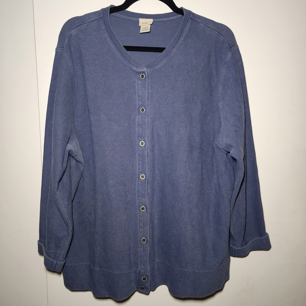 LL Bean Cardigan Women 1X Blue Good Waffle Knit Cotton Button Front 0WH78 Grandm